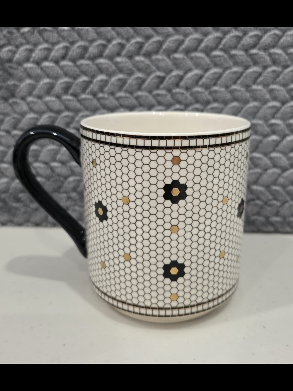 Anthropologie Mosaic Monogram 'A' Ceramic Mug in Black, White & Gold - Picture 2 of 4